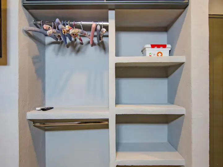 Open wardrobe with hangers and shelves